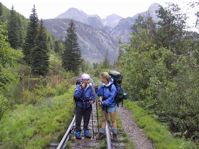 Poles in mountains on train track