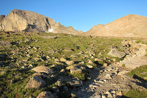 On the trail below the Boulderfield looking at the Keyhole.