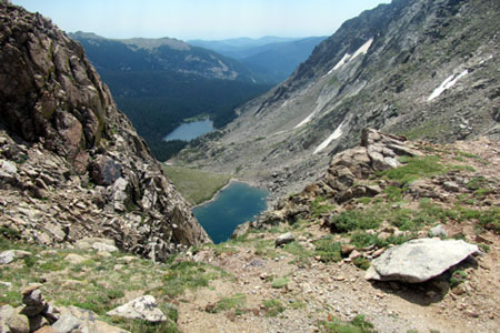 Looking down the steep, loose, Boulder - Grand Pass