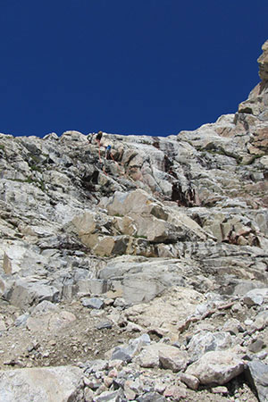 Two folks descending the fixed ropes. (The photo was from our descent)