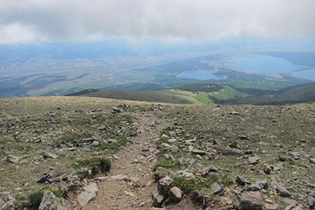 descending the East Ridge Route toward Twin Lakes and the reservoir.