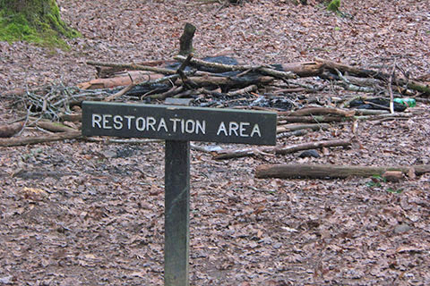 campfire remains with trash behind a restoration area sign